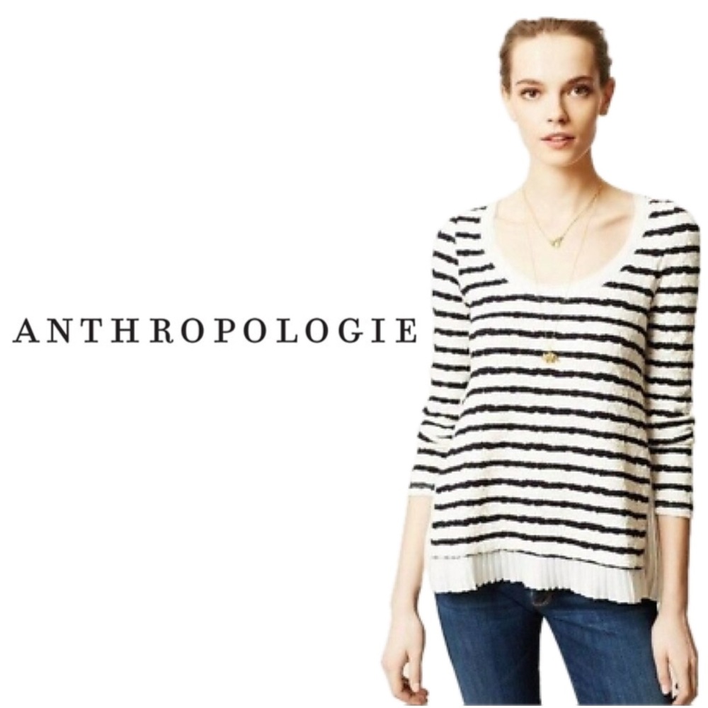 Postmark Anthropologie Walkwrite Navy White Stripe Textured Ruffle Sweater Top